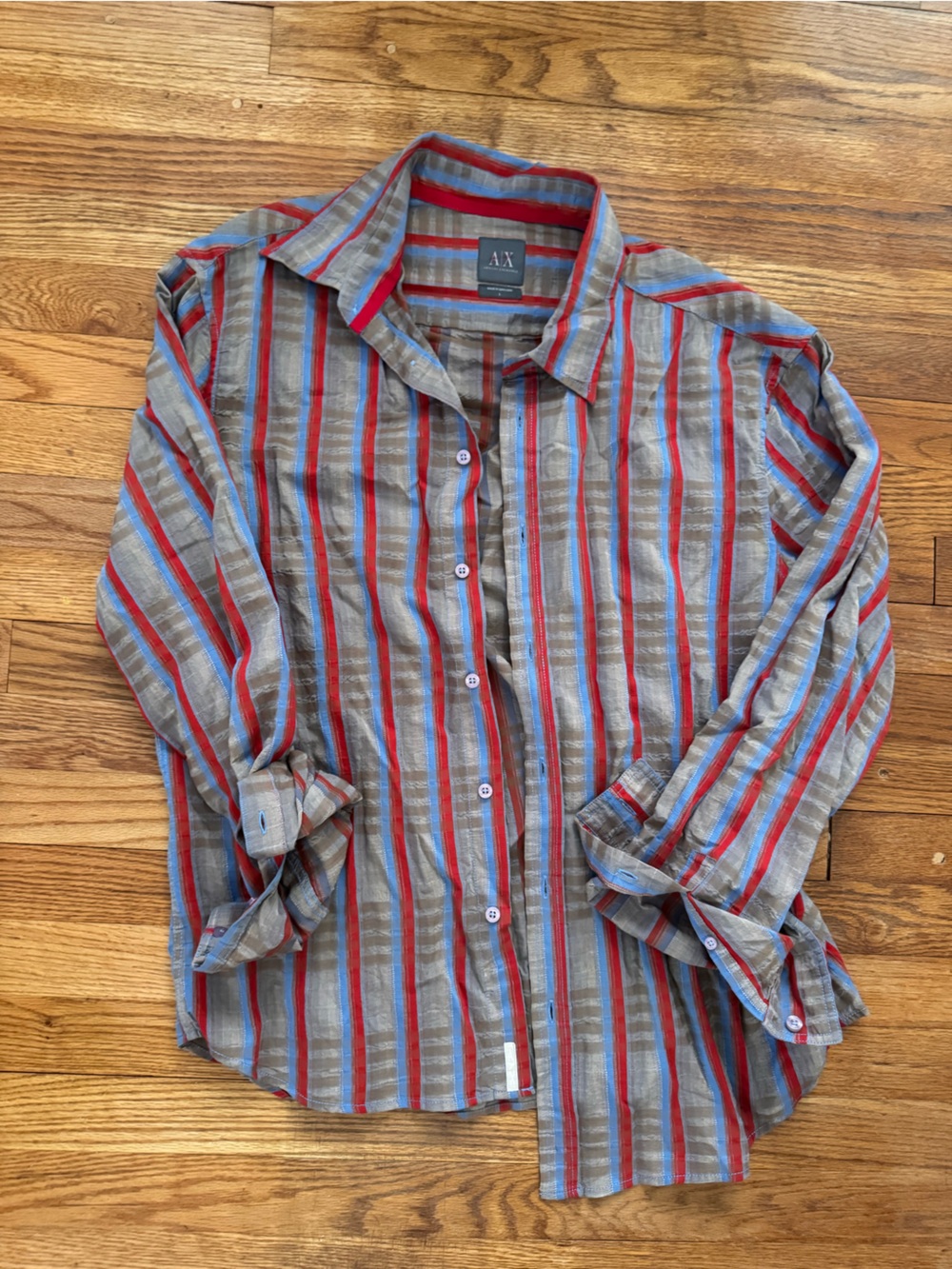 A/X Armani Exchange Gray Button-Down with Red & Blue Stripes